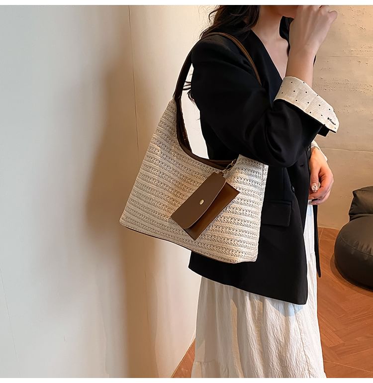 Faux Leather Trim Woven Shoulder Bag