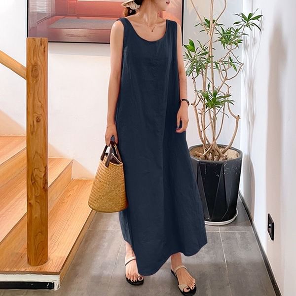 Scoop Neck Sleeveless Plain Maxi A-Line Dress