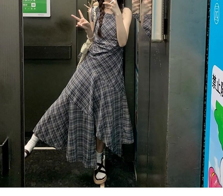Dress Asymmetrical Neck Plaid A-Line Sleeveless Maxi Round