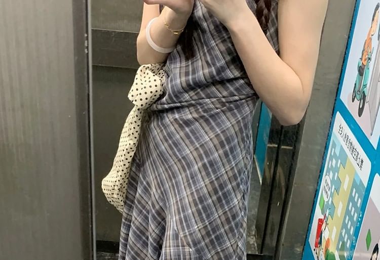 Dress Asymmetrical Neck Plaid A-Line Sleeveless Maxi Round