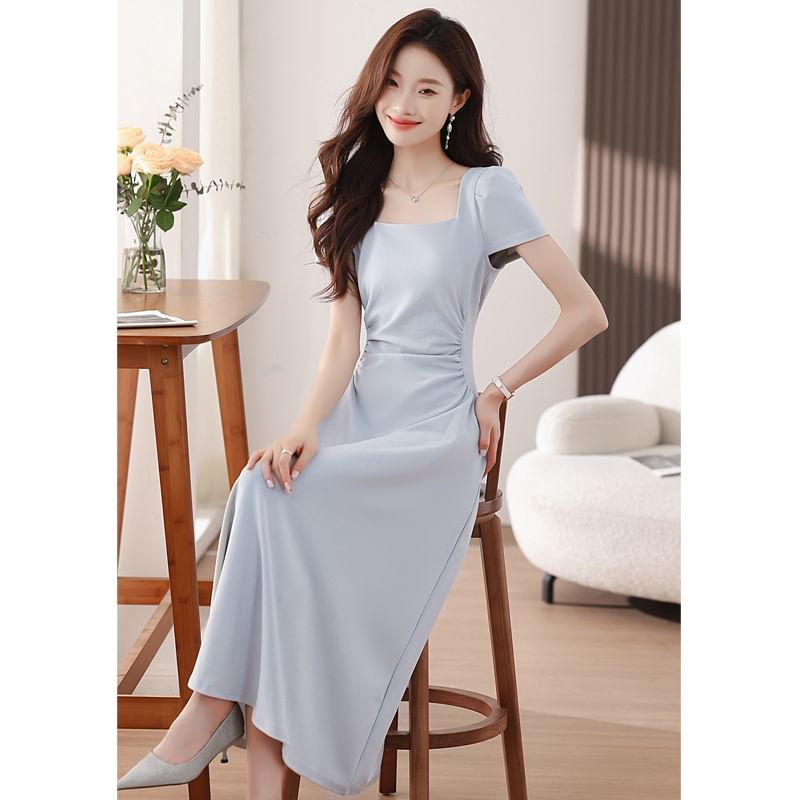 Square Neck Short-Sleeve Plain Maxi A-Line Dress