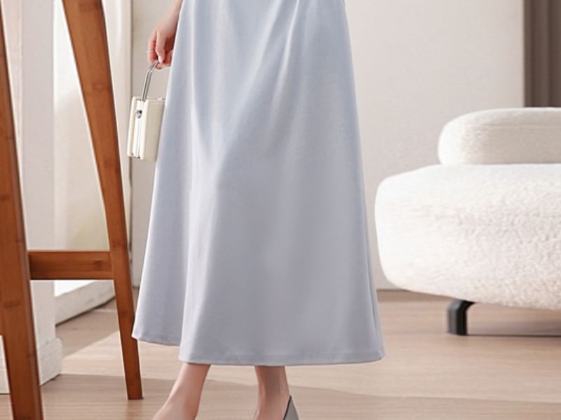 Square Neck Short-Sleeve Plain Maxi A-Line Dress