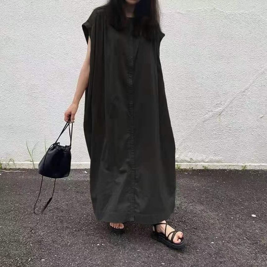 Cap Sleeve Band Collar Plain Maxi Shirt Dress