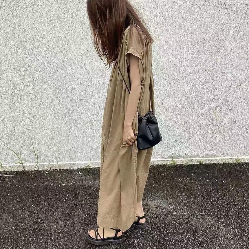 Cap Sleeve Band Collar Plain Maxi Shirt Dress