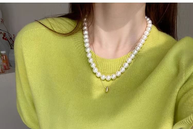 Gradient Neck Top Knit Short-Sleeve Crew