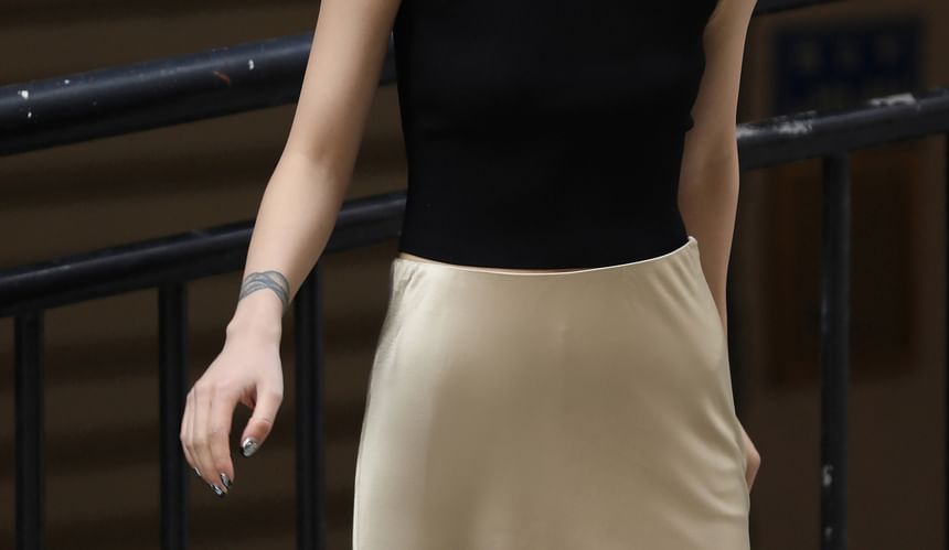 Midi High Satin Slit Skirt Pencil Plain Rise