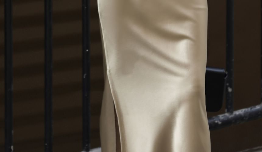 Plain Pencil Satin Slit Skirt High Midi Rise