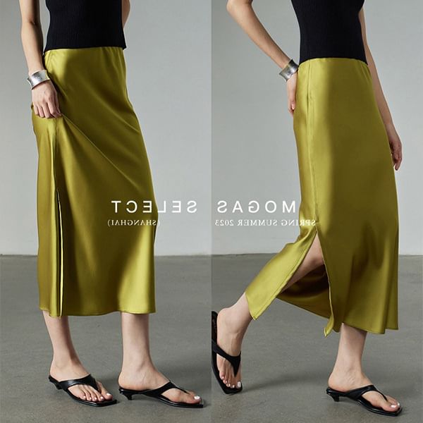 Midi High Satin Slit Skirt Pencil Plain Rise