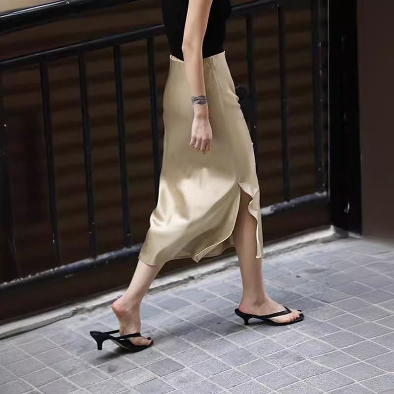 Plain Pencil Satin Slit Skirt High Midi Rise