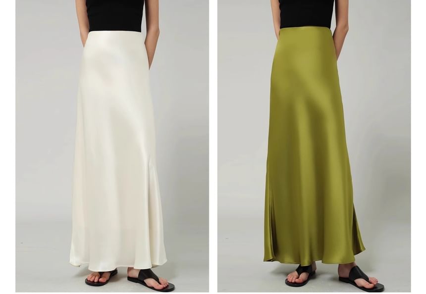 A-Line Plain Maxi Satin High Waist Skirt