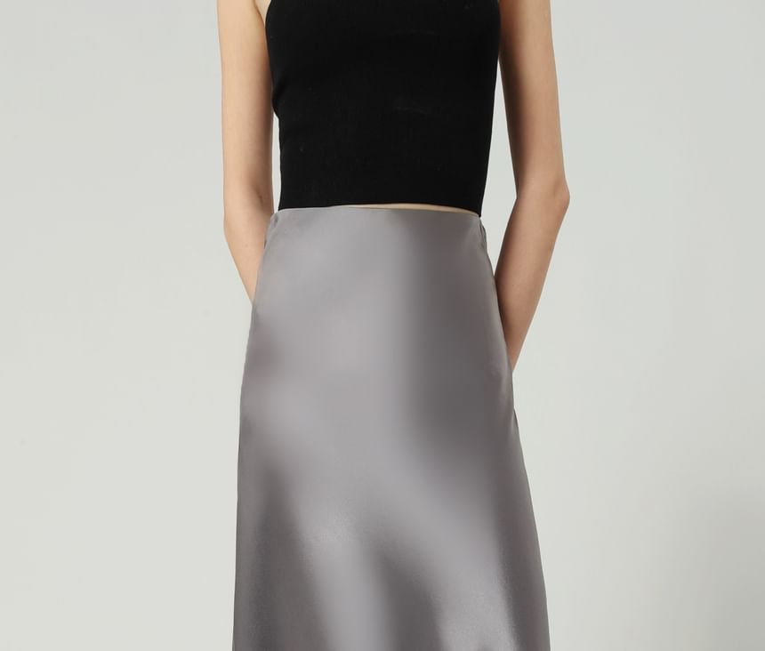 Satin Waist Plain Maxi High Skirt A-Line