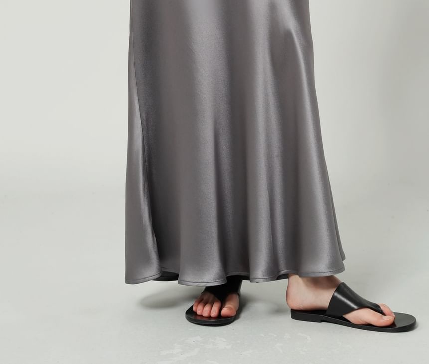 Satin Waist Plain Maxi High Skirt A-Line