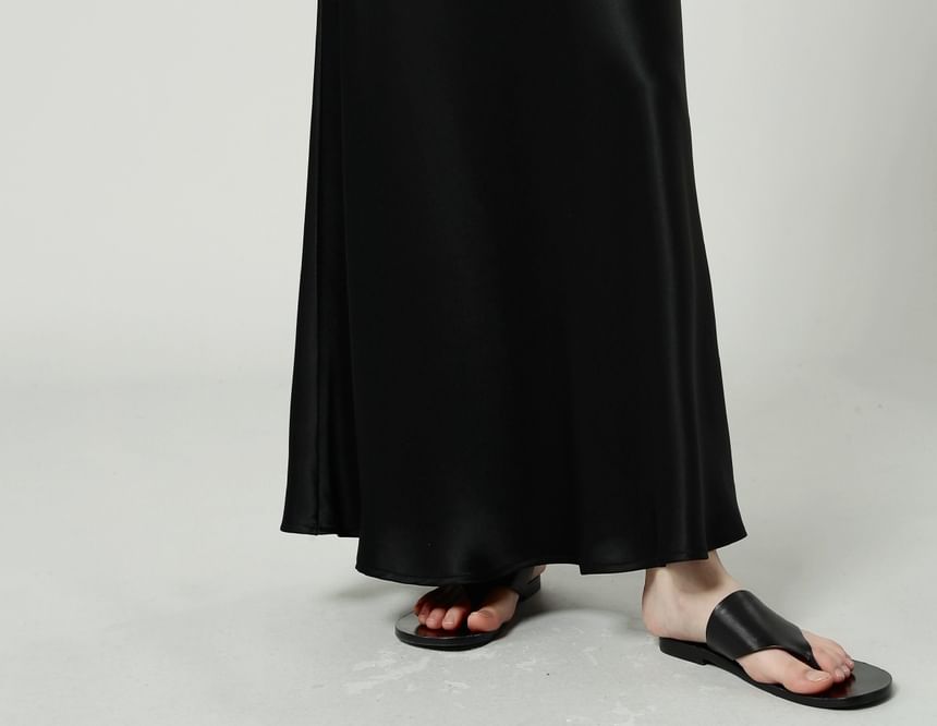 Satin Waist Plain Maxi High Skirt A-Line