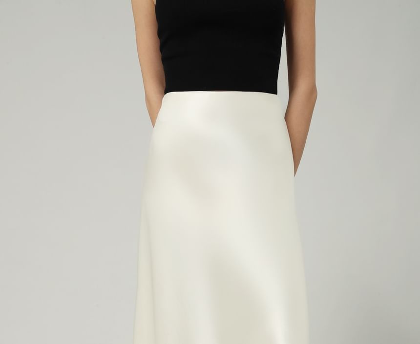 Satin Waist Plain Maxi High Skirt A-Line