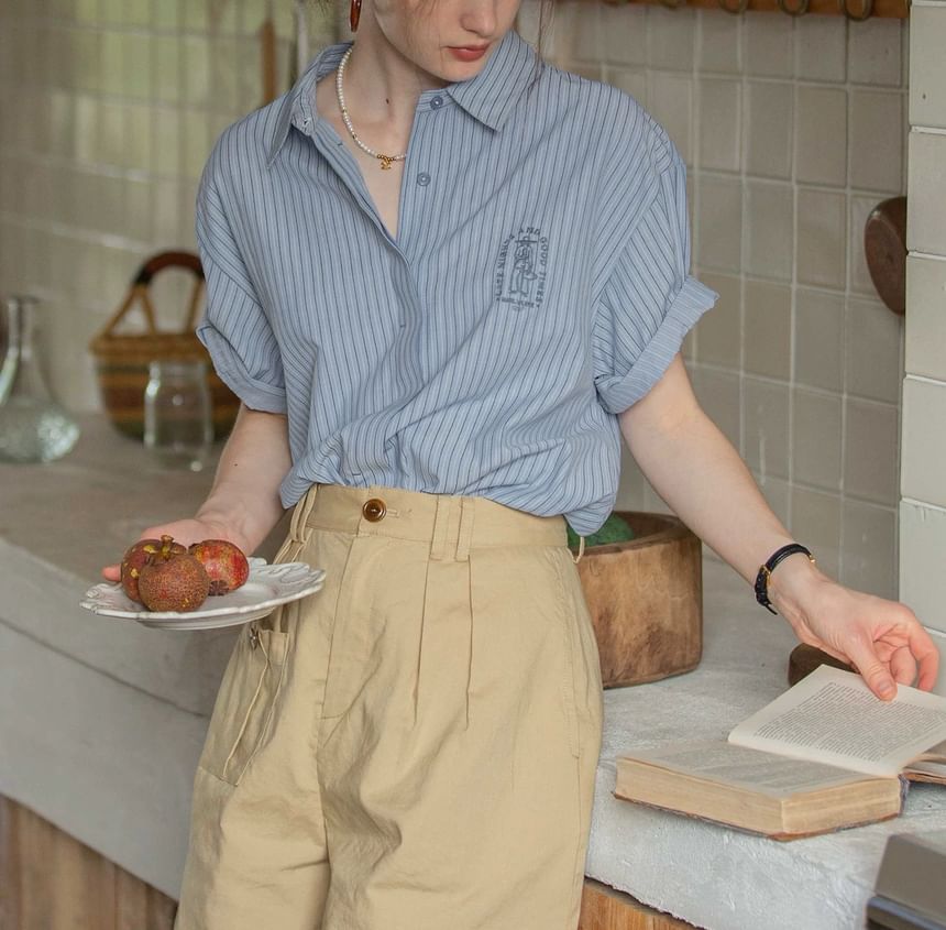 Collared Embroidered Blouse Button-Up Elbow-Sleeve Striped