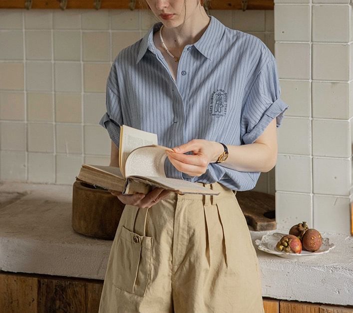 Collared Embroidered Blouse Button-Up Elbow-Sleeve Striped