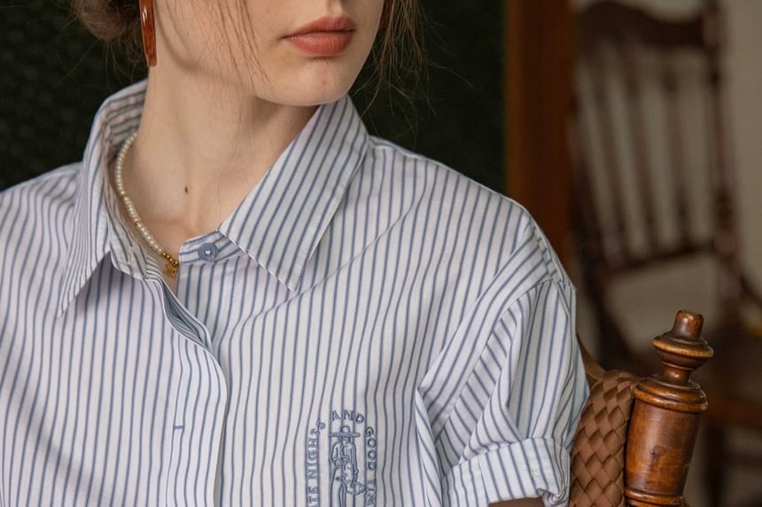 Collared Embroidered Blouse Button-Up Elbow-Sleeve Striped