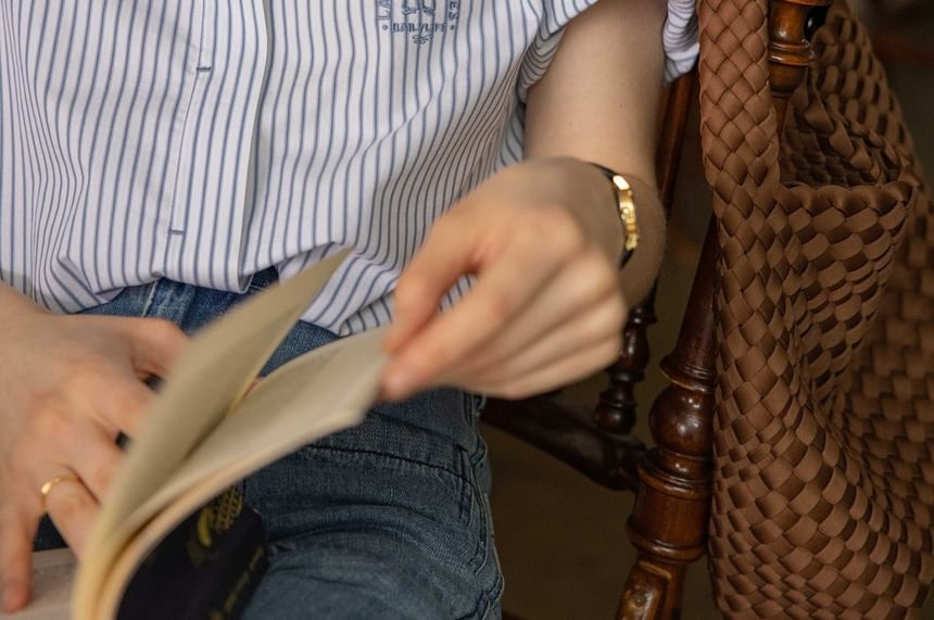 Collared Embroidered Blouse Button-Up Elbow-Sleeve Striped