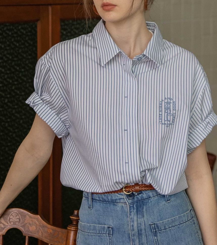 Collared Embroidered Blouse Button-Up Elbow-Sleeve Striped