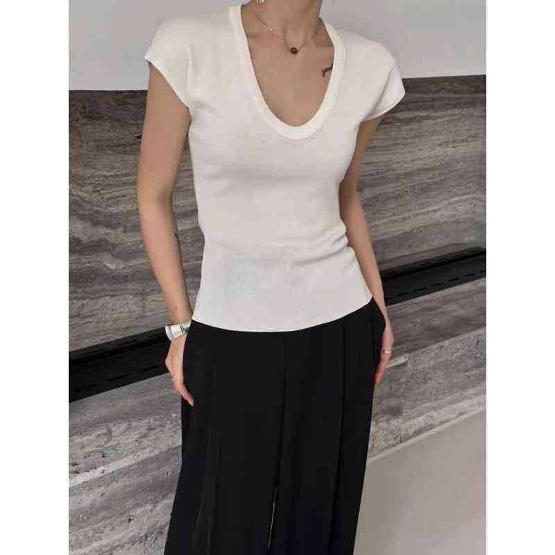 Top Fit Cap-Sleeve Knit Plain Neck Slim Scoop