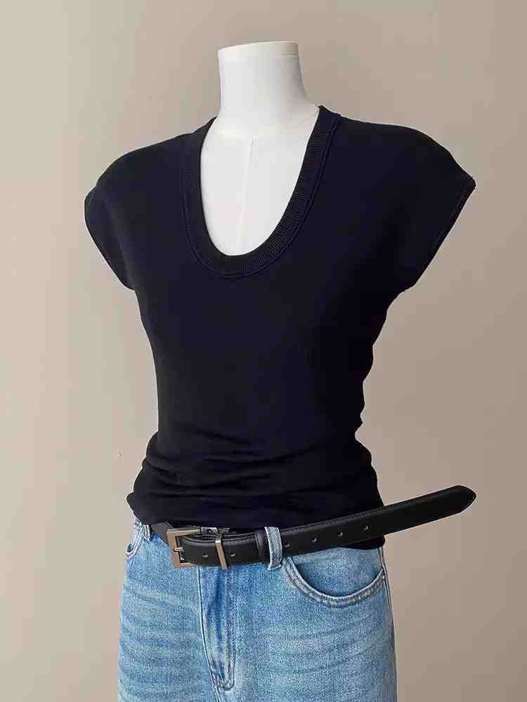 Top Fit Cap-Sleeve Knit Plain Neck Slim Scoop