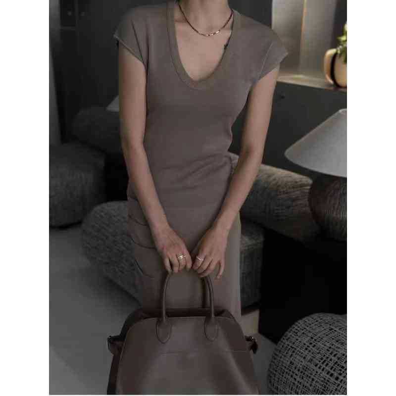 Fit Top Neck Cap-Sleeve Knit Slim Plain Scoop