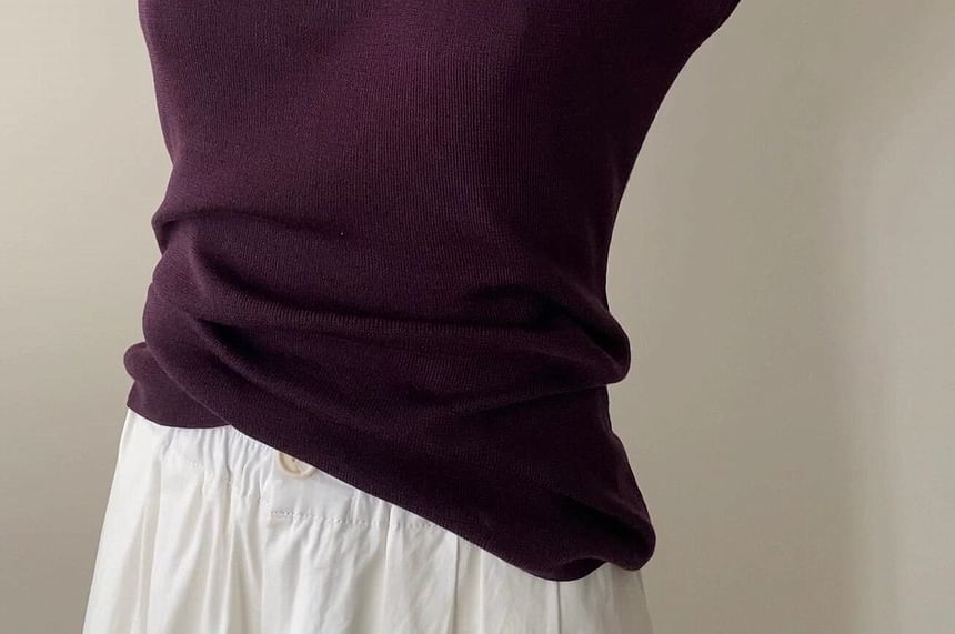 Top Fit Cap-Sleeve Knit Plain Neck Slim Scoop