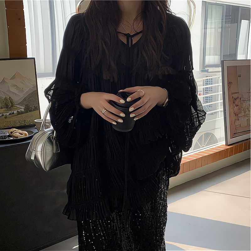Midi Top Long-Sleeve High Cami Plain Blouse Sequin Tie V-Neck Set Front Rise H-Line Sheer Skirt /
