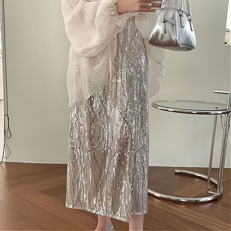 Midi Top Long-Sleeve High Cami Plain Blouse Sequin Tie V-Neck Set Front Rise H-Line Sheer Skirt /