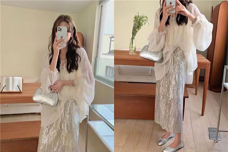 Midi Top Long-Sleeve High Cami Plain Blouse Sequin Tie V-Neck Set Front Rise H-Line Sheer Skirt /