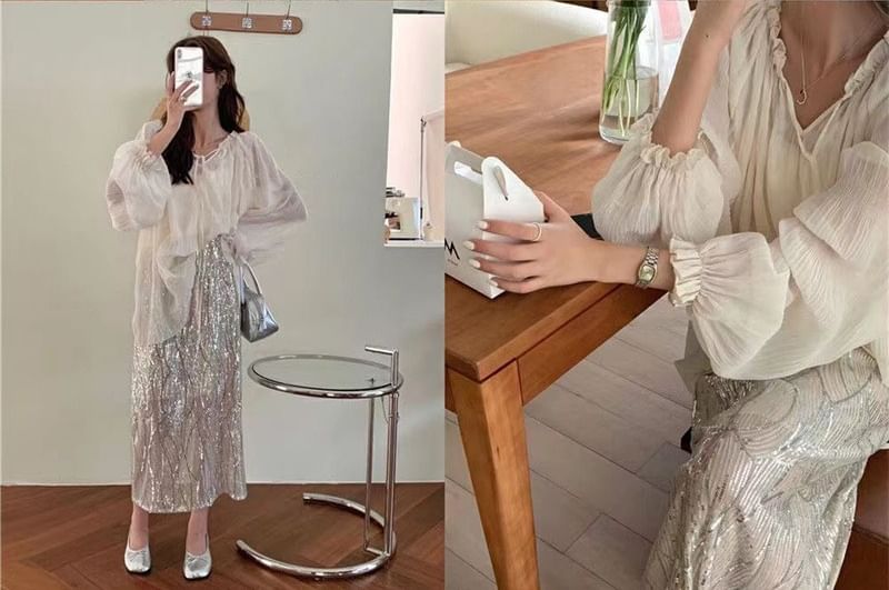 Midi Top Long-Sleeve High Cami Plain Blouse Sequin Tie V-Neck Set Front Rise H-Line Sheer Skirt /