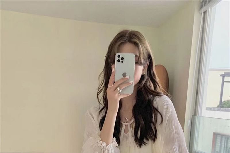 Midi Top Long-Sleeve High Cami Plain Blouse Sequin Tie V-Neck Set Front Rise H-Line Sheer Skirt /