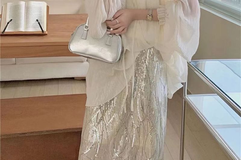 Midi Top Long-Sleeve High Cami Plain Blouse Sequin Tie V-Neck Set Front Rise H-Line Sheer Skirt /