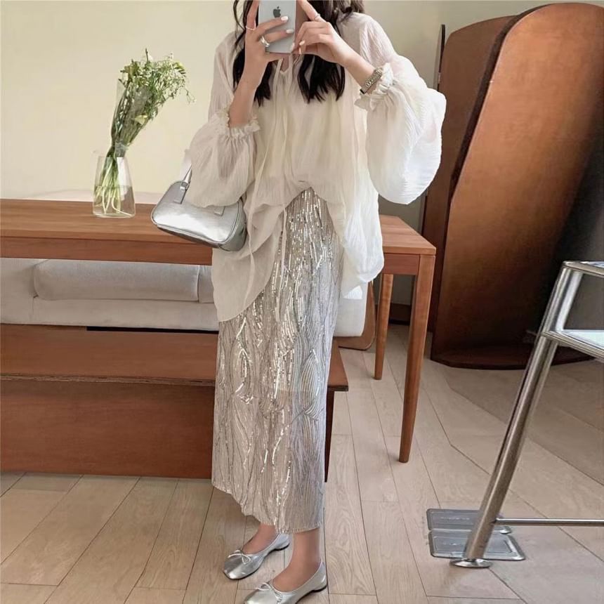 Midi Top Long-Sleeve High Cami Plain Blouse Sequin Tie V-Neck Set Front Rise H-Line Sheer Skirt /
