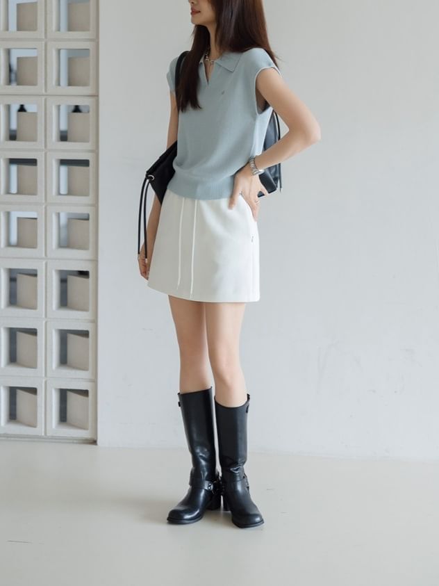 Crop V-Neck Knit Collared Cap-Sleeve Top Plain