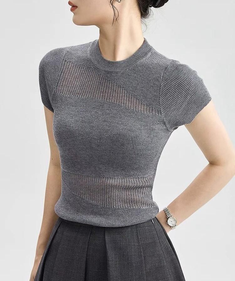Top Cap-Sleeve Sheer Knit Round Panel Neck Plain