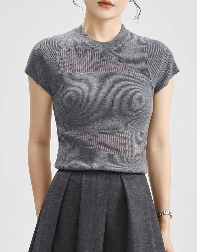 Top Cap-Sleeve Sheer Knit Round Panel Neck Plain