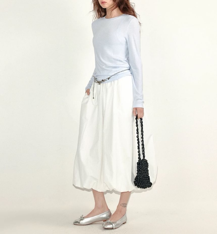 Plain Waist Midi Paperbag Elastic Skirt