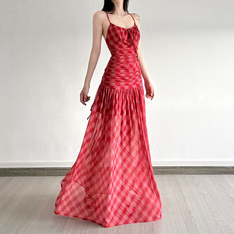 Ruched Mesh Spaghetti Strap Plaid A-Line Maxi Dress