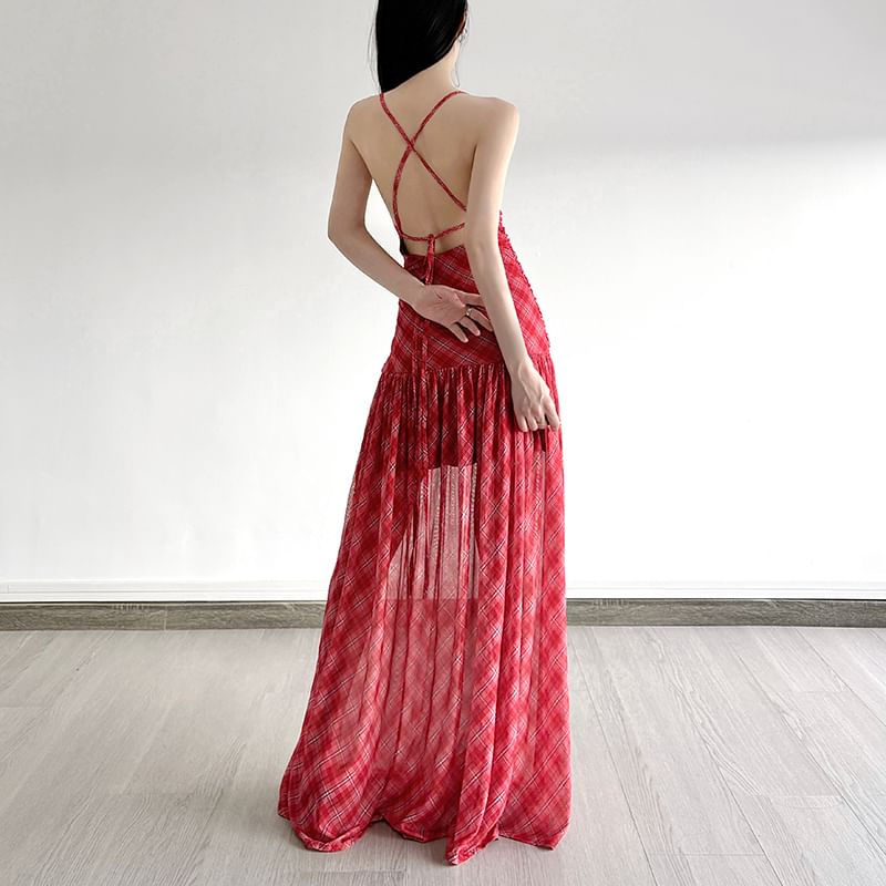 Ruched Mesh Spaghetti Strap Plaid A-Line Maxi Dress