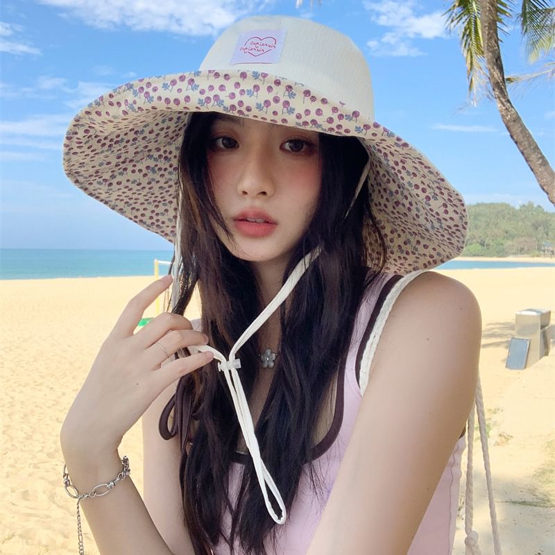 Heart Hat Applique Floral Print Sun