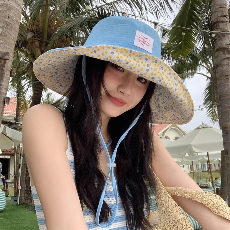 Heart Hat Applique Floral Print Sun