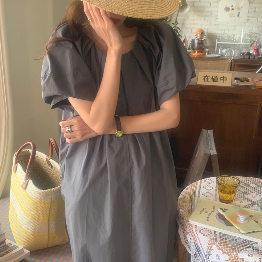 Ruched Round Neck Short Sleeve Maxi A-Line Dress