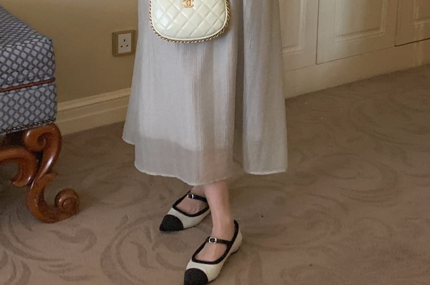 Ribbed Puff Short-Sleeve Round Neck Maxi A-Line Dress