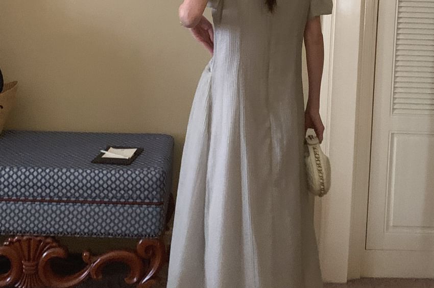 Ribbed Puff Short-Sleeve Round Neck Maxi A-Line Dress