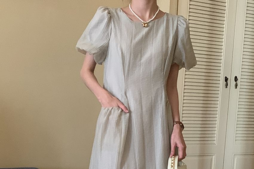Ribbed Puff Short-Sleeve Round Neck Maxi A-Line Dress