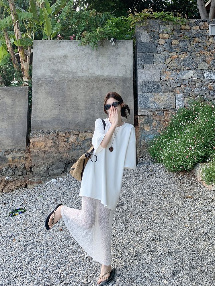 Elbow-Sleeve Round Neck Lace Panel Plain A-Line Maxi Dress