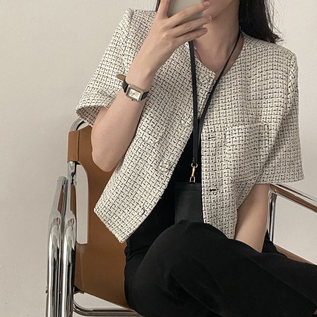 Elbow-Sleeve Crew Neck Button-Up Tweed Crop Jacket