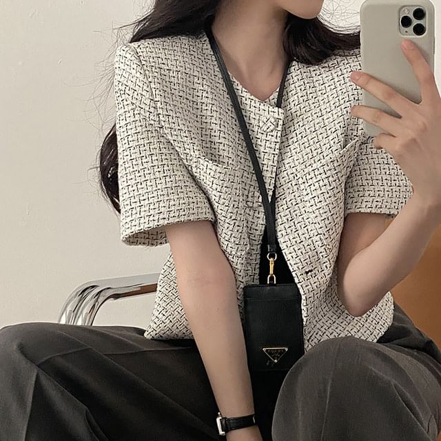 Elbow-Sleeve Crew Neck Button-Up Tweed Crop Jacket