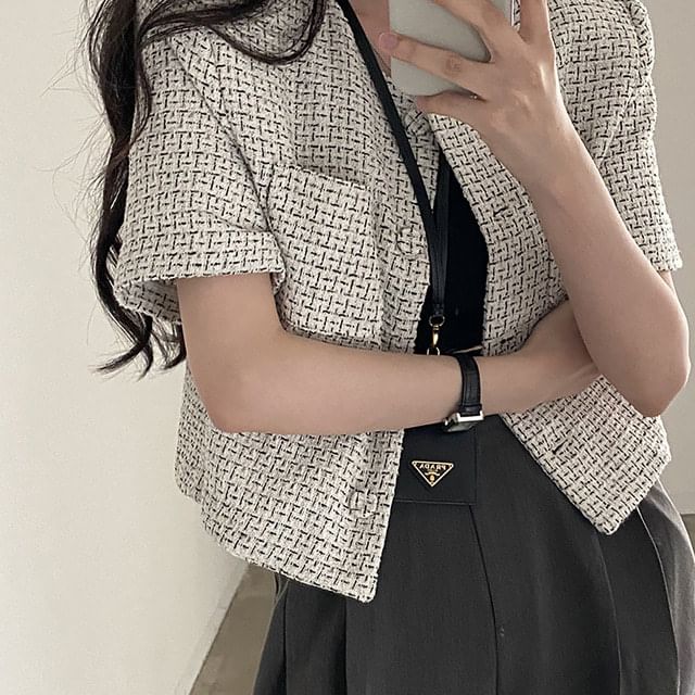 Elbow-Sleeve Crew Neck Button-Up Tweed Crop Jacket